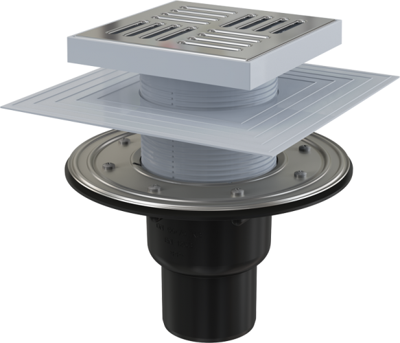 Трап сливной AlcaPlast 150х150/50/75 мм (прямой подвод, нерж. решетка, сухой/гидрозатвор) (APV4444) Трап сливной AlcaPlast 150х150/50/75 мм (прямой подвод, нерж. решетка, сухой/гидрозатвор) (APV4444)