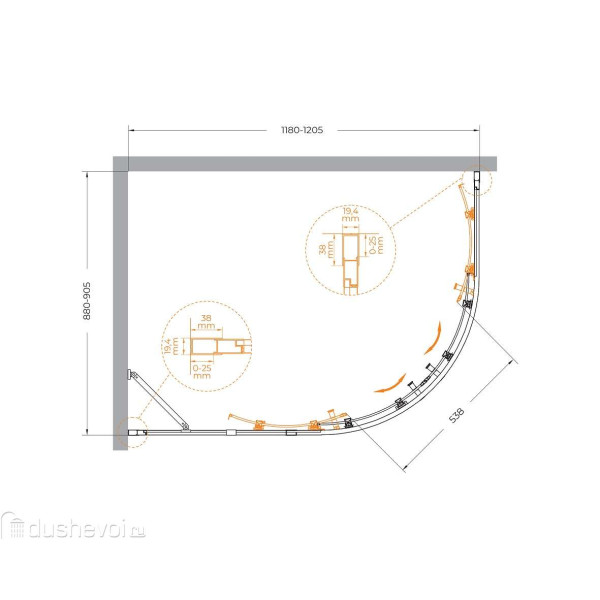 Душевой уголок Cezares Molveno 120x90x195 стекло прозрачное, профиль брашированное золото (MOLVENO-RH-2-120/90-C-BORO-IV)