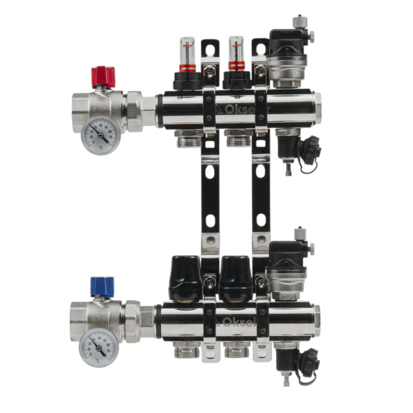 Коллекторная группа 2 отвода 1"*3/4"(18) ЕК с расходомерами Okseler (латунь) с автоматическими воздухоотводчикоми и шаровыми кранами с термометрами (O