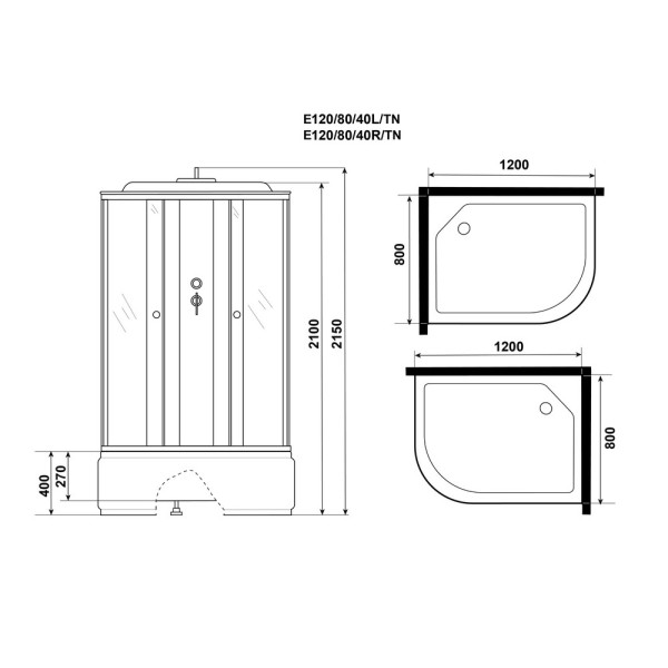 Душевая кабина 80x120 стекло тонированное, профиль хром матовый (E120/80/40R/TN)