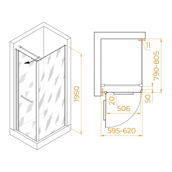 Душевой уголок RGW Passage PA-148B (PA-103B + Z-050-2B + O-204B) 60x 80x195 стекло прозрачное, профиль черный (020814868-14)