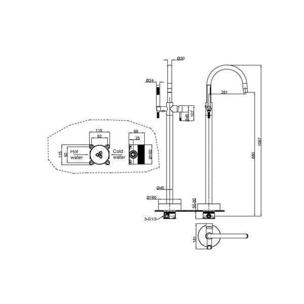 Смеситель напольный Boheme Uno золотой с душевым комплектом (469-BG)
