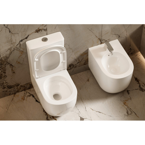 Унитаз напольный Abber Bequem моноблок безободковый, смыв торнадо белый (AC1133T)