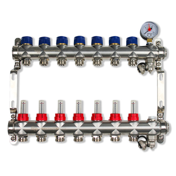Коллекторная группа 7 отводов 1"*3/4"(евроконус) Geschaften с расходомерами (нерж.сталь) (GS1185-7)
