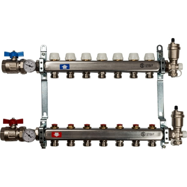 Коллекторная группа 7 отводов 1"x3/4"(18)EK в сборе без расходомеров Stout (нерж.сталь) (SMS-0912-000007)