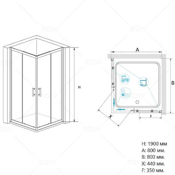 Душевой уголок RGW PA-31 80*80 стекло прозрачное, профиль хром 02083188-11