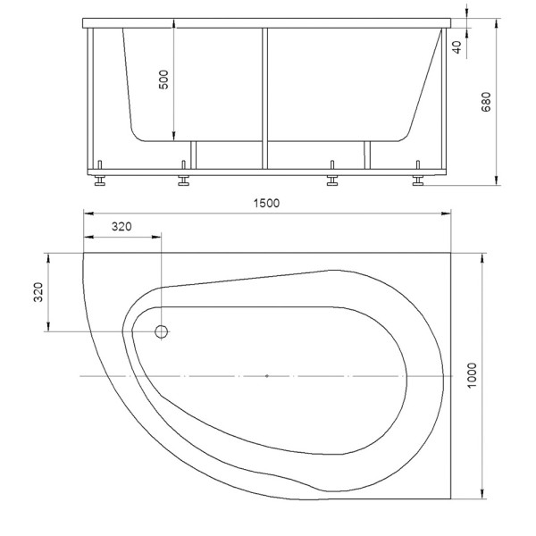 Ванна акриловая Акватек Вирго 150х100 R на каркасе, с фронтальным экраном, слив-перелив
