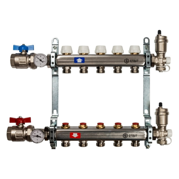 Коллекторная группа 5 отводов 1"x3/4"(18)EK в сборе без расходомеров Stout (нерж.сталь) (SMS-0912-000005)