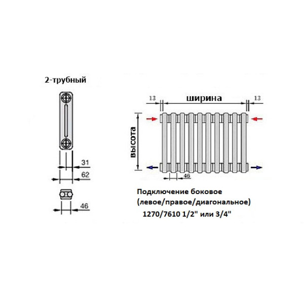 Радиатор стальной Zehnder 2050/3 №1270/7610 3 секций 3/4" RAL 9016 подключение боковое универсальное