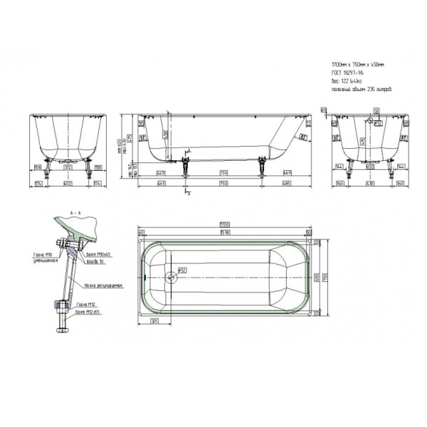 Ванна чугунная Wotte Start УР 170x75 c отверстиями для ручек белая (Start 1700x750UR)