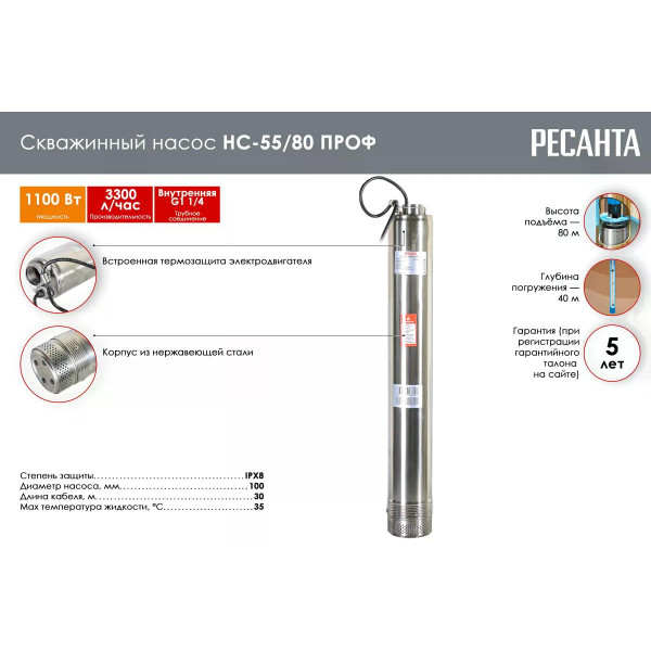 Насос скважинный Ресанта НС 55/80 ПРОФ (77/3/2) Насос скважинный Ресанта НС 55/80 ПРОФ (77/3/2)