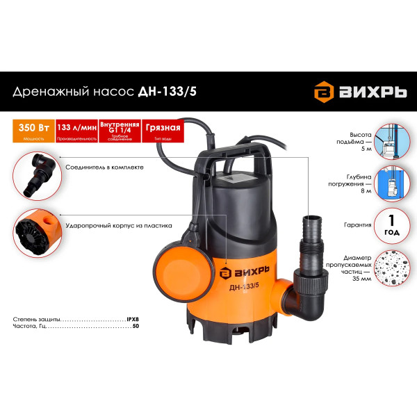 Насос дренажный Вихрь ДН-133/5 (68/2/12)