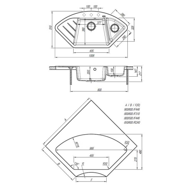 Мойка для кухни Florentina угловая Веста 100х51 (Fs, Антрацит)