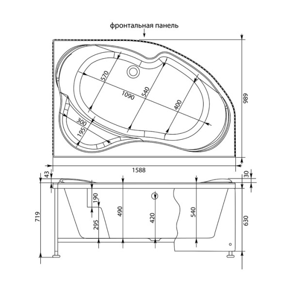 Ванна акриловая Aquanet Capri 160х100 R без гидромассажа