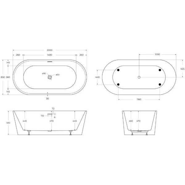 Ванна акриловая BelBagno 200x85 белая (BB416-2000-850)