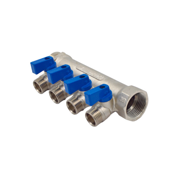 Коллектор 4 отвода с шар. клапанами 1х1/2"(16) Okseler (никель) (oks00406)