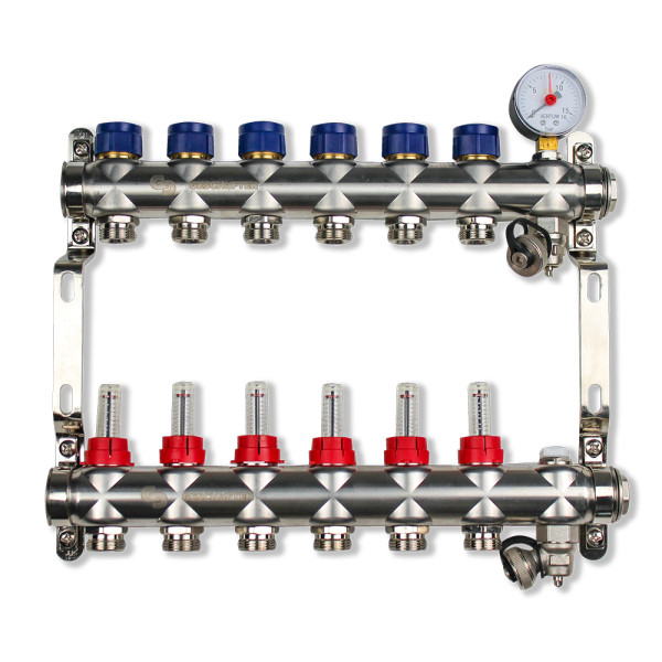 Коллекторная группа 6 отводов 1"*3/4"(евроконус) Geschaften с расходомерами (нерж.сталь) (GS1185-6)