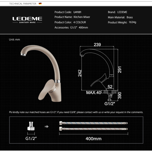 Смеситель для кухни Ledeme (L4101K) Смеситель для кухни Ledeme (L4101K)