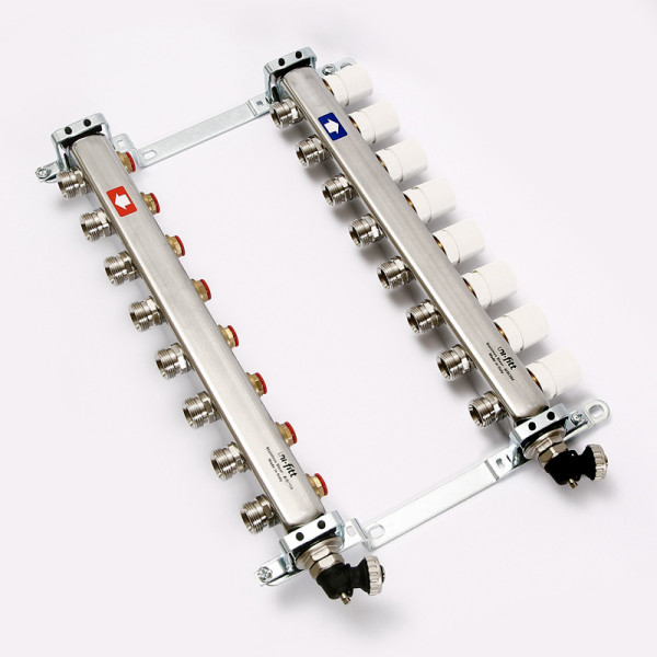 Коллекторная группа Uni-Fitt 7 отводов 1"х3/4" с балансировочными и термостатическими вентилями нерж. сталь Коллекторная группа Uni-Fitt 7 отводов 1"х3/4" с балансировочными и термостатическими вентилями нерж. сталь