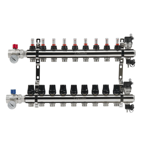 Коллекторная группа 9 отводов 1"*3/4"(18) ЕК с расходомерами Okseler (латунь) с автоматическими воздухоотводчикоми и шаровыми кранами с термометрами (