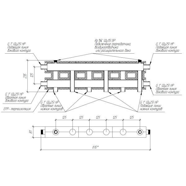 Коллектор модульный Gidruss MK-60-4D.EPP (до 60 кВт, магистраль G 1", 3+1 контура G 1", EPP-термоизоляция, 4D-кронштейны K.UMS, подключение для темпер