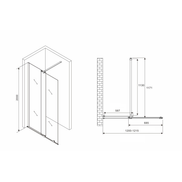 Душевая стенка Abber Komfort 120x200 стекло прозрачное, профиль хром (AG09120)