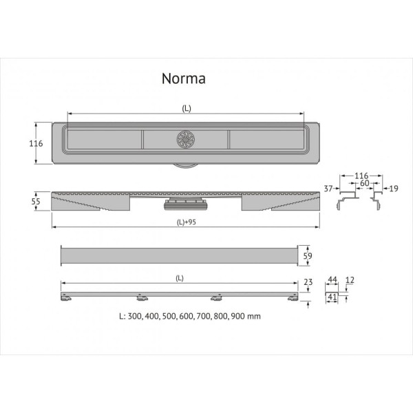 Желоб Berges водосток C1 Norma 300, матовый хром, S-сифон D50/105мм H50 вертикальный (090034)