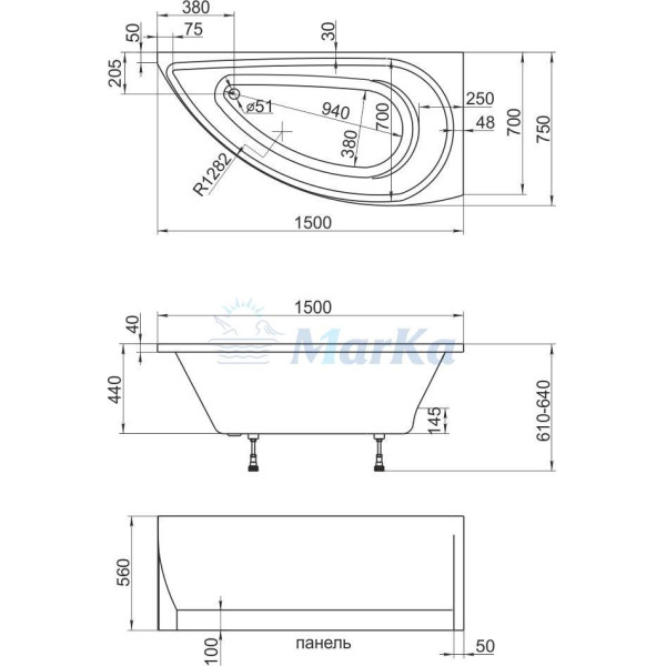 Ванна акриловая 1MarKa Piccolo 150х75 R без гидромассажа