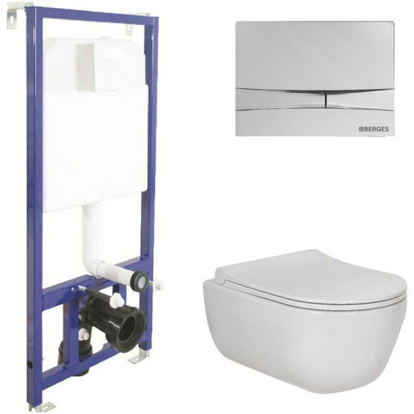 Комплект инсталляция с унитазом Berges: инсталляция NOVUM525, кнопка F3 хром глянец, унитаз EGO Rimless, сидение дюропласт Toma Slim SO, микро
