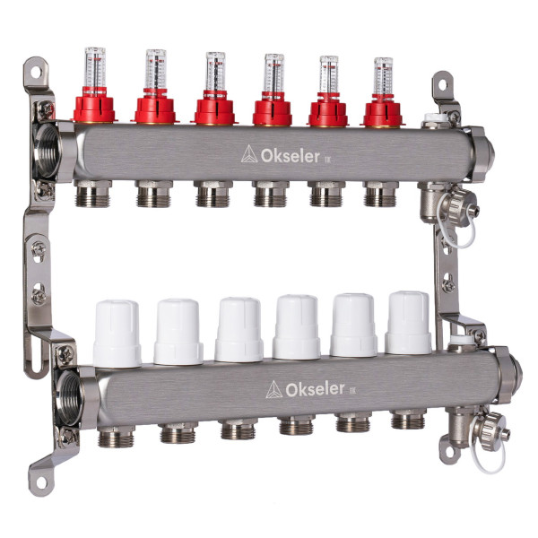 Коллекторная группа 6 отводов 1"*3/4"(18) ЕК с расходомерами Okseler (нерж.ст) с дренажным краном и краном Маевского (Oks00316)