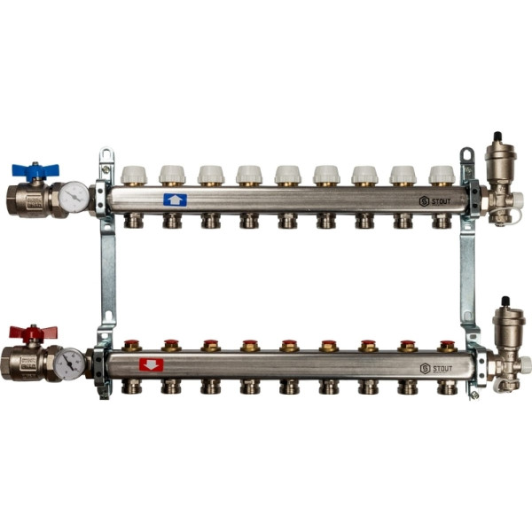 Коллекторная группа 9 отводов 1"x3/4"(18)EK в сборе без расходомеров Stout (нерж.сталь) (SMS-0912-000009)