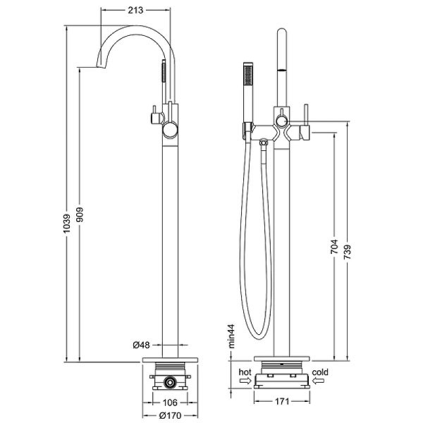 Смеситель напольный Timo Saona золотой, душевая лейка, душевой шланг (2310/17Y-CR)