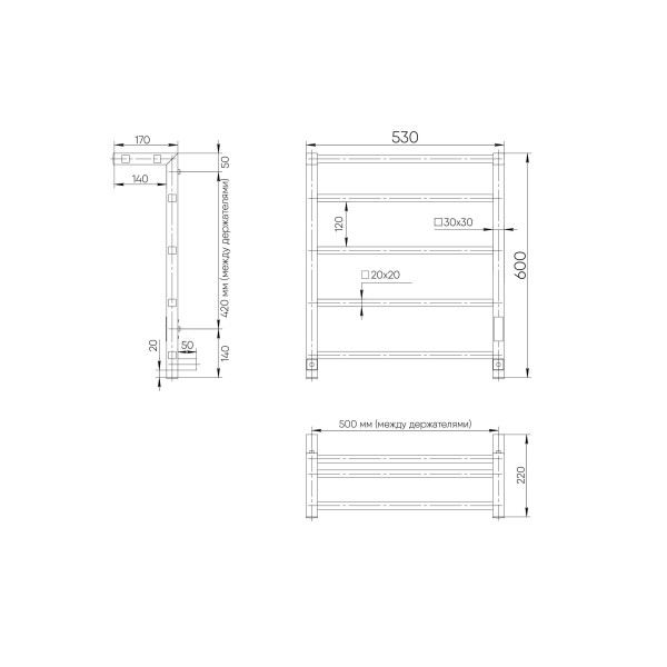 Полотенцесушитель электрический Indigo Forma 60x50 таймер, скрытый монтаж, универсальное подключение, черный муар (LEF60-50BRRt)