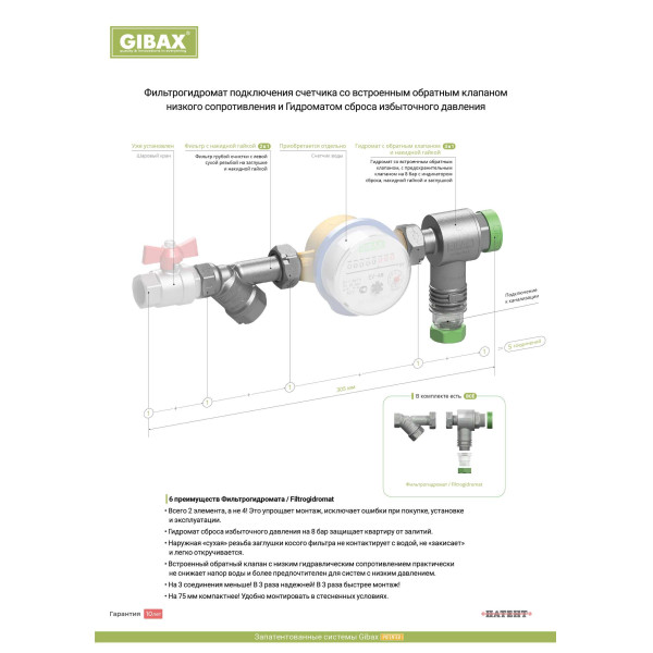 Фильтрогидромат с обратным клапаном для подключения счетчика, 1/2", 400 мкм Gibax (G0020)