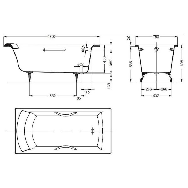 Ванна чугунная Jacob Delafon Biove 170x75 c отв. под ручки (E2938-00)