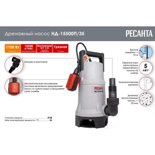 Насос дренажный Ресанта НД-15500П/35 (77/2/6) Насос дренажный Ресанта НД-15500П/35 (77/2/6)