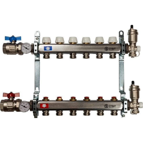 Коллекторная группа 6 отводов 1"x3/4"(18)EK в сборе без расходомеров Stout (нерж.сталь) (SMS-0912-000006)