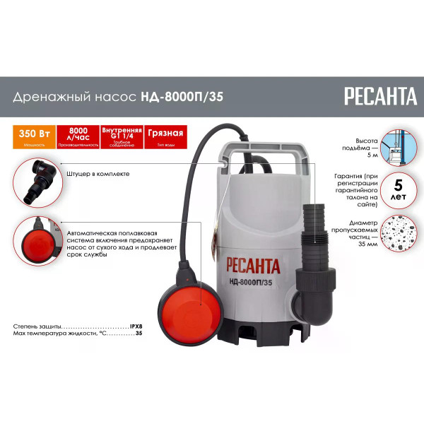 Насос дренажный Ресанта НД-8000П/35 (77/2/1)