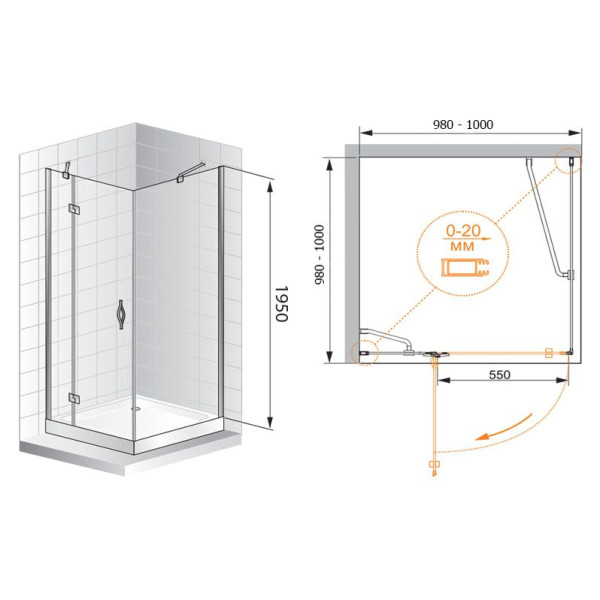 Душевой уголок Cezares Bergamo 100х100х195 стекло прозрачное (BERGAMO-A-1-100-C-Cr-L)