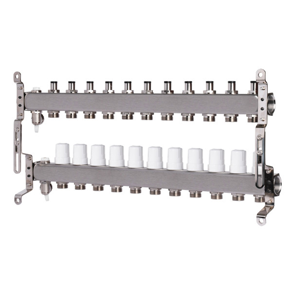 Коллекторная группа 11 отводов 1"*3/4"(18) ЕК с регулировочными клапанами Okseler (нерж.ст) с дренажным краном и краном Маевского (Oks00310)