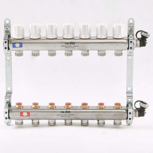 Коллекторная группа Uni-Fitt 7 отводов 1"х3/4" с балансировочными и термостатическими вентилями нерж. сталь