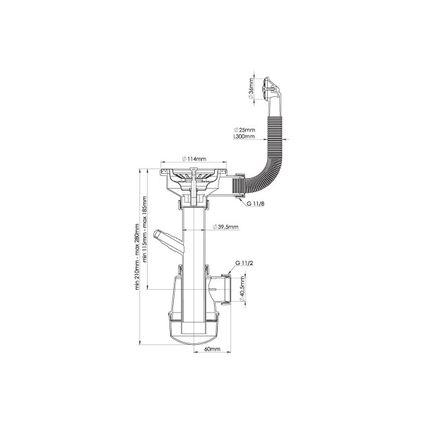Сифон 40 мм бутылочный Nova 3 1/2"х114 мм с 1-им отв., круглым переливом и гибкой трубой 1 1/2"х40/50 (1048)