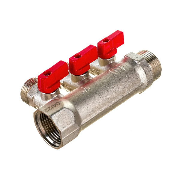Коллектор 3 отв. с шар. клапанами 1"*3/4(18) евроконус Valtec (никель) красные ручки (VTc.580.NE.0603) Коллектор 3 отв. с шар. клапанами 1"*3/4(18) евроконус Valtec (никель) красные ручки (VTc.580.NE.0603)
