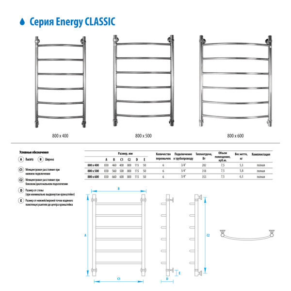 Полотенцесушитель водяной Energy Classic 800x600