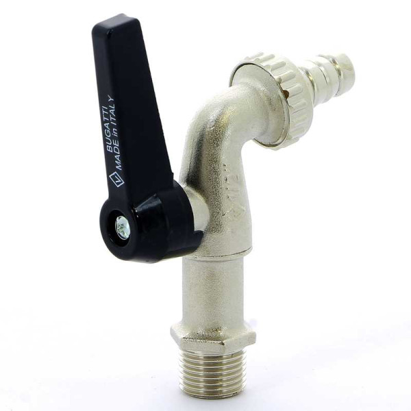 Кран Bugatti 1/2" шаровый сливной со штуцером Alaska 689 (черная ручка) (06890081)