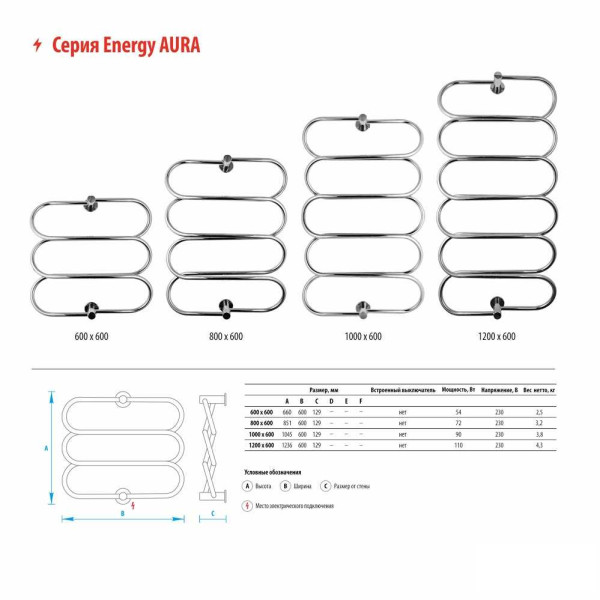 Полотенцесушитель электрический Energy AURA 1000х600 хром