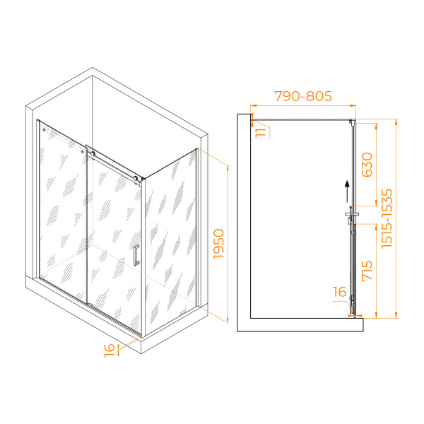 Душевой уголок RGW TO-44B (TO-14B + Z-050-2B) 1500x800 стекло прозрачное, профиль черный (02074458-14)
