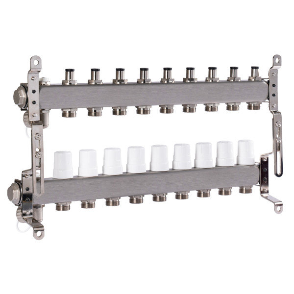 Коллекторная группа 9 отводов 1"*3/4"(18) ЕК с регулировочными клапанами Okseler (нерж.ст) с дренажным краном и краном Маевского (Oks00308)