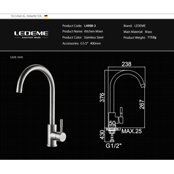 Смеситель для кухни Ledeme (L4998-3)