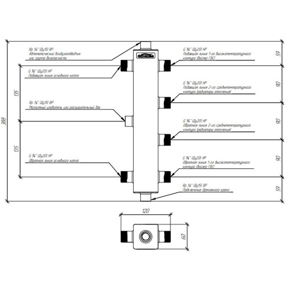 Разделитель термогидравлический Gidruss TGRSS-40-20x2 (нерж., до 40 кВт, 2 контура G 3/4", встроенный сепаратор, нерж ст.) (15 04002 20)